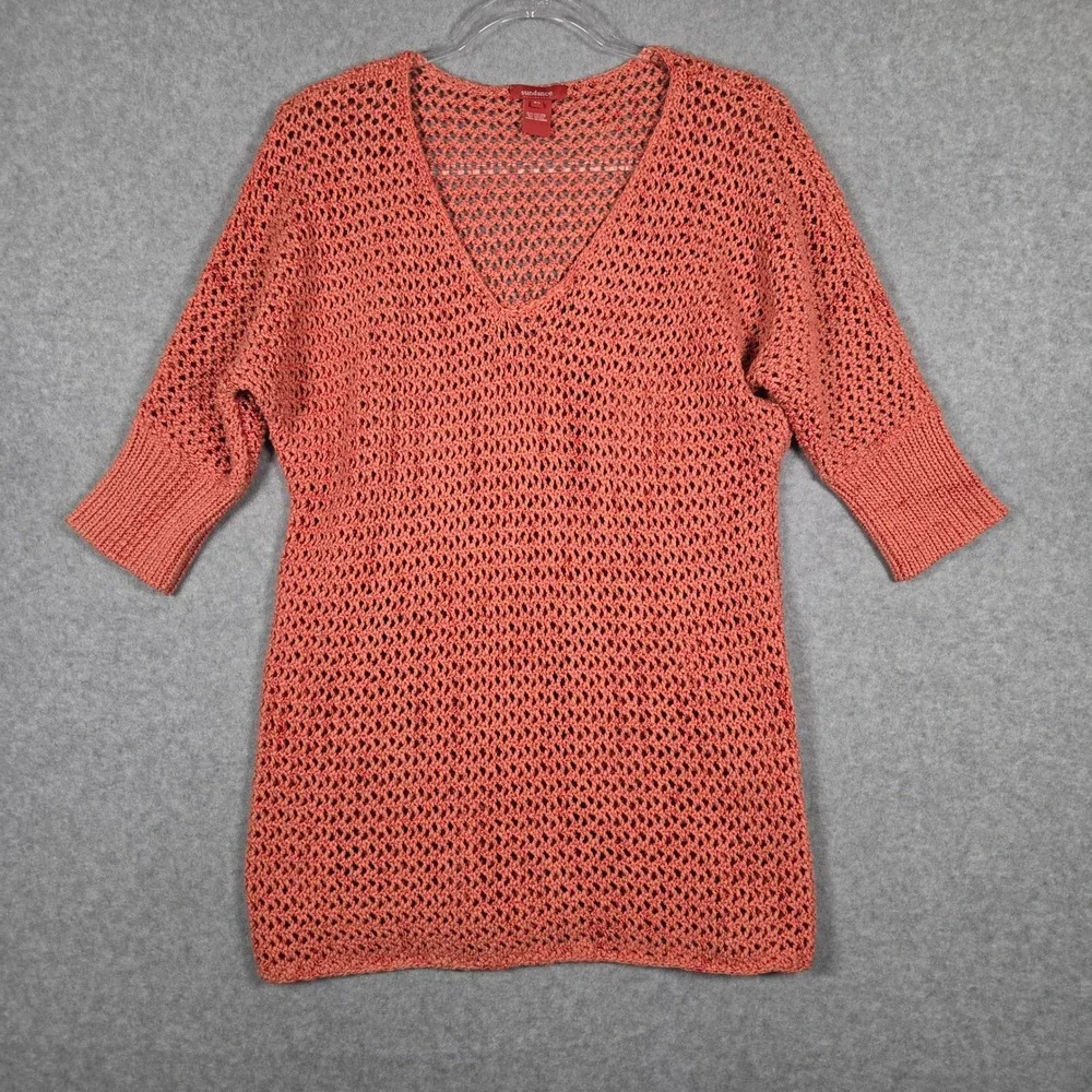 Sundance Women XS Crochet Open Knit V-Neck Sweater Tunic Coral Fisherman Chunky